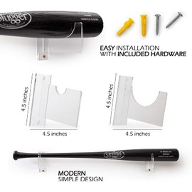Baseball Bat Wall Mount Display - Horizontal Hanging Rack & Organizer | Sturdy Acrylic Bat Holder | Decorative Clear Sports Gear Wall Hanger Storage for Home, Living Room - Fits All Size Bats