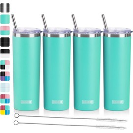koodee 20 oz Stainless Steel Skinny Tumblers (4 Pack) Double Wall Insulated Water Tumbler Cup with Lids, Straws and Straw Brushes (Teal, 4 Pack)