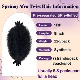 Sunsmilely Afro Twist Hair 8 Inch Marley Twist Braiding Hair 8 Packs Springy Afro Twist Hair 1B Cuban Twist Natural Black Spring Twist Synthetic Wrapping Hair for Soft Locs