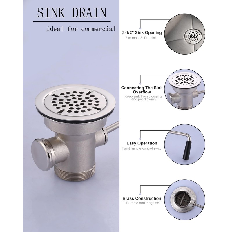 iVIGA Commercial Sink Drain: 3-1/2" Sink Opening Waste Drain Valve