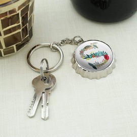 Letter S Floral Monogram Initial Keychain Chrome Plated Metal Pop Cap Bottle Opener