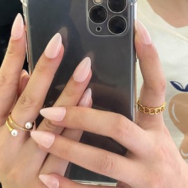 Pale Pink False Nails - 24Pcs Press on Nails Almond Solid Color - Glossy Full Cover Medium Fake Nails with Glue - Removable French Stick on nails for Women Girls Nail Art Accessories