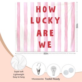 Exqcom How Lucky Are We Pink Tapestry, Positive Affirmations Wall Decor, Girly Aesthetic Pink and White Striped Tapestries Wall Blanket for Girls Bedroom Dorm Apartment Decor, 50x60 Inch