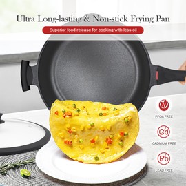 Bobikuke 2-In-1 Nonstick Deep Frying Pan, 12.5 Inch Non-stick Skillet with Lid, Aluminum Saute Pan with Detachable Handle, Induction Compatible, Dishwasher Safe, Red