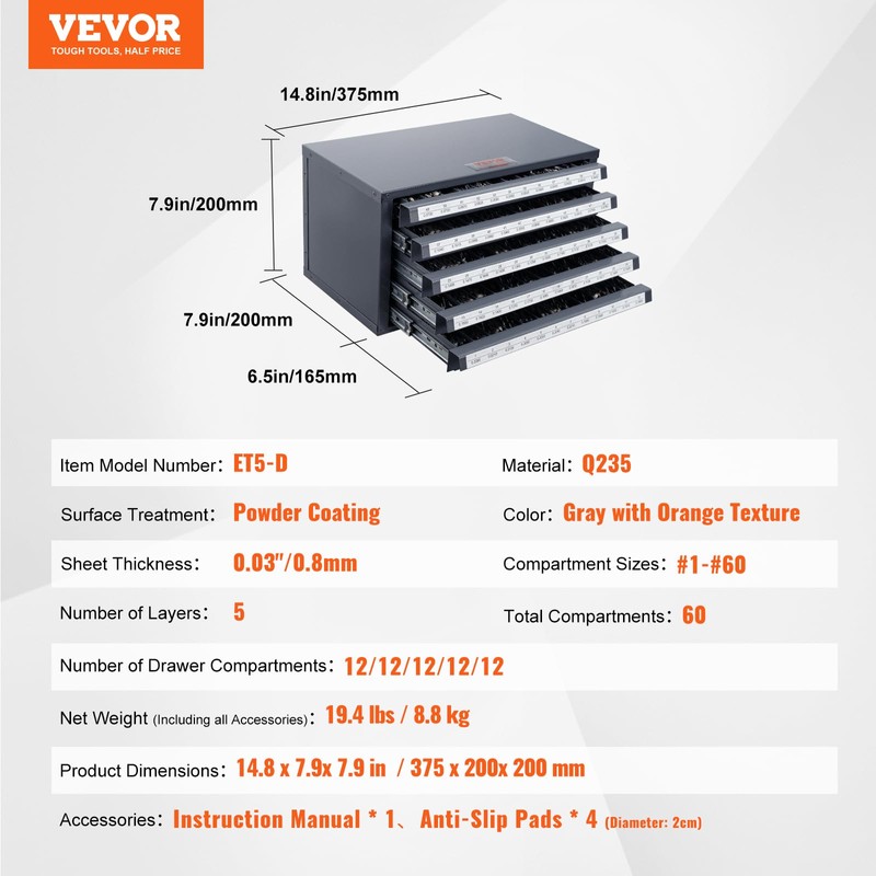 VEVOR Drill Bit Dispenser Cabinet, Five-Drawer Drill Bit Dispenser, 60-Compartment