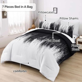 Dinjoy Ombre Black Comforter Set Full Size Gradient Black White Boho Bedding Set for Teen Men Women 7 Pieces Bed in A Bag Bohemian Bed Set with Comforter, Sheets, Pillowcases & Shams