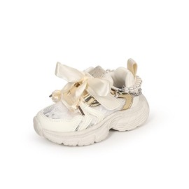 silverQdoll Princess Girls Sneakers Lace Breathable Pearl Chain Bowknot Birthday Decoration Luxurious Anti-Slip White 8 (White,26)
