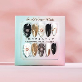 Sun&Beam Nails Handmade Press-on Medium Long Almond Black White Gold 3D Mirror Pearl Design False Nail Tips 10 Pcs (#130 L)