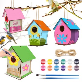 YFPOPONE 4 Pcs DIY Bird House Kit Kids, Wooden House Craft Kits for Kids, Paint Your Own Birdhouses for Kids, Craft Box for Kids to Build and Paint Birdhouse, Wood Painting Kits for Girls and Boys