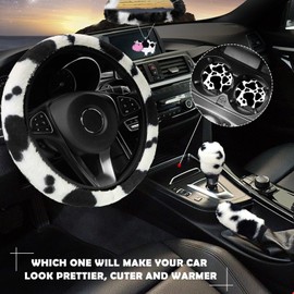 JINGSEN11 Pieces Fluffy Car Accessories Set,Fluffy Cow Print Plush Steering Wheel Covers for Women Soft Fleece Handbrake Cover Shift Cover Car Trim Warm Non-Slip (Black)