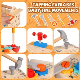 Wooden Kids Tool Set Toddler Tool Box with Door Latch Lock Wood Tool Kit Construction Toys Stem Montessori Educational Pretend Play Tool Toy Birthday Gift for Toddlers Boys Girls