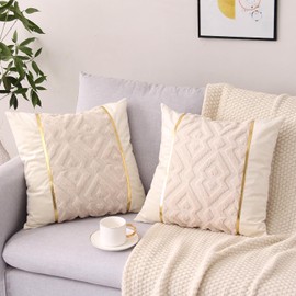 Gujiahone Decorative Pillow Cover 18 x 18 Inch Set of 2 Soft Plush Short Faux Wool Velvet Patchwork with Gold Leather Luxury Modern Cushion Cases for Couch Living Room Bedroom