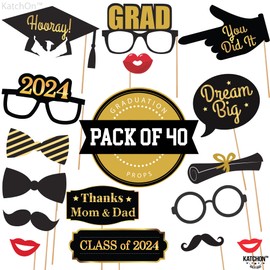 KatchOn, Black and Gold Graduation Photo Booth Props - Pack of 40 | Graduation Props 2024 for Photoshoot | Graduation Photo Props, Graduation Decorations Class of 2024 | Graduation Picture Props 2024