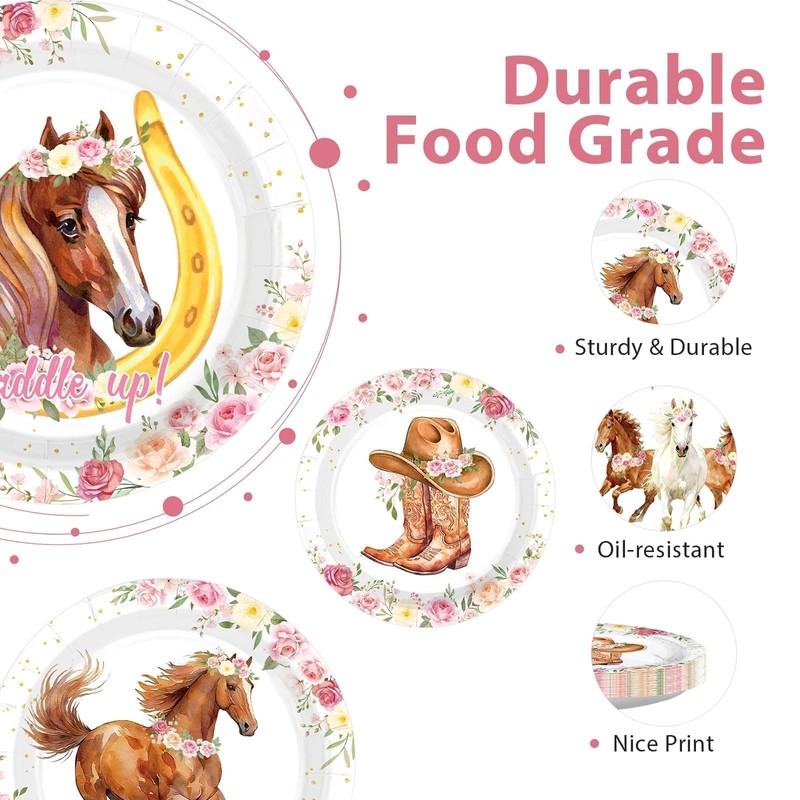 60Pcs Horse Birthday Paper Plates 7" Heavy Duty Paper Plates