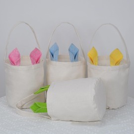 Easter Baskets, Rabbit Canvas Bucket with Handle Canvas for Easter Egg Hunt Carrying Candy Easter Gifts (Pink)