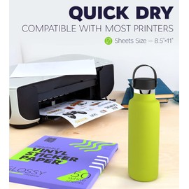Premium Printable Vinyl Sticker Paper for Inkjet Printer and Laser - 50 White Glossy Sticker Paper Waterproof - Durability Adhesive Paper 8.5 x 11, Fast Dry, Holds Ink Well, Great for Cutting Machines