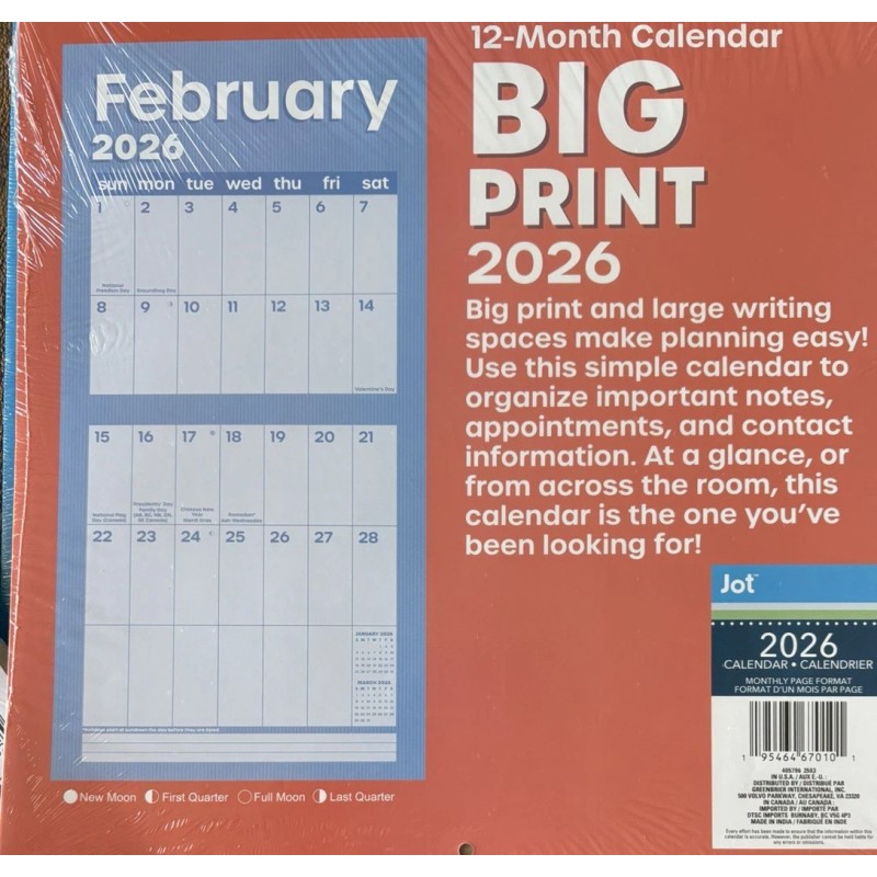 JOT 2026 BIG PRINT 12 Month Hanging Wall Calendar XL
