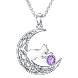 LONAGO Cat Necklace 925 Sterling Silver Cat in Moon with Birthstone Pendant Necklace Jewelry for Women (February)