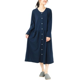 Nishiki Nightgown Pajamas, Women's, Long Sleeve, Dress, Stretchy, Stretch, Sheeting, Front Opening, Long Length, Spring, Autumn, Room Wear, 3.Navy