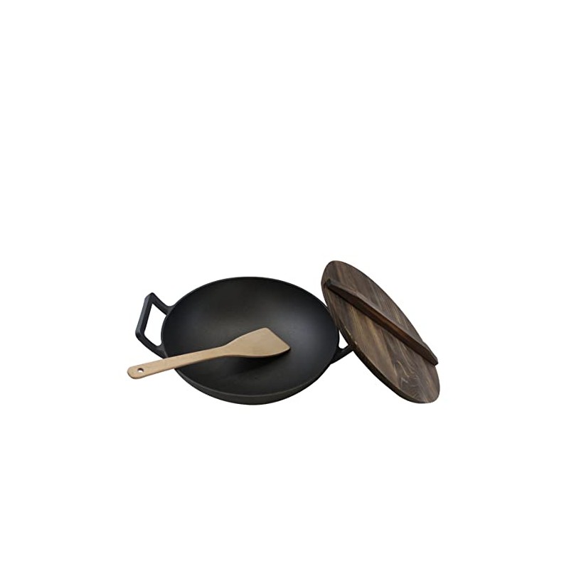 Home VSS Cast Iron， Pre-Seasoned Wok 12.5" With Wood Spatula