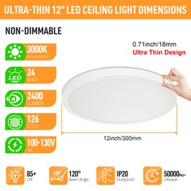 SunRider LED Flush Mount Ceiling Light Fixture, 3000K Warm White, 2400LM, 12 Inch 24W Round Flat Ceiling Lights, 240W Equiv. Panel Lamp, Non-Dimmable