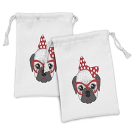 Ambesonne Bulldog Fabric Pouch Set of 2, Funny Female Pet with Pin up Style Bowtie and Retro Style Glasses, Small Drawstring Bag for Toiletries Masks and Favors, 9" x 6", Vermilion Grey and Black