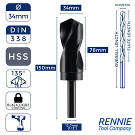 34mm HSS Blacksmith Drill Bit - Reduced Shank Drill for Aluminium, Steel, Wood, Plastic, Non-Ferrous Etc.