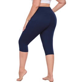 Plus Size Leggings with Pockets, Navy Blue Capris for Women, Knee Length Yoga Pants Tummy Control, High Waist Stretch Workout Clothes for Gym 4X