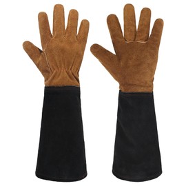 HANDLANDY Ladies Leather Gardening Gloves, Thorn Proof Long Gauntlet Garden Gloves, Elbow Length Rose Pruning Gloves Black & Brown Large