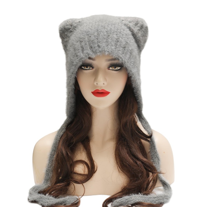 ZLYC Ladies Beanie Hat, Bear Ears Grey