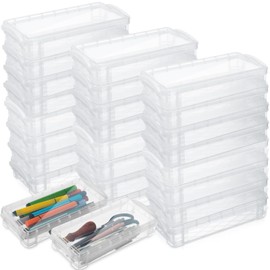 Gueevin 24 Pcs Large Capacity Plastic Pencil Box Clear Plastic Pencil Case Crayon Box with Snap Tight Lid Watercolor Pen Storage Brush Pencil Box Organizer Drawing Tools Container (White)