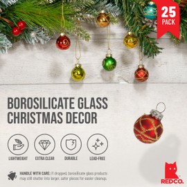 Red Co. Set of 25 Assorted Glittered Glass 1” Round Christmas Tree Mini Ball Ornaments, Rainbow