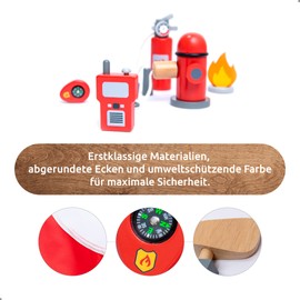 UMU® Kinder Holz Feuerwehrmann Spielset mit Feuerwehr Kostüm inkl. Kappe, Feuerlöscher, Funkgeräte, Pfeife u. v. m., Spielzeug Set zum Rollenspiel, 14 STK Feuerwehrausrüstung, für 3, 4, 5 Jahre alt