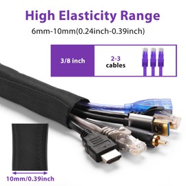 8.2ft - 3/8inch Cable Management Sleeve YCLYC, Cable Wrap Cord Covers for Pets, Easy Install Cable Sleeves Cord Management, Flexible Computer Cord Organizer for Cords, Black Cable Covers