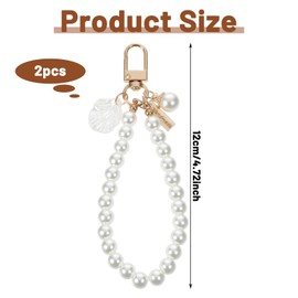 2 Pcs Faux Pearl Keychain Straps Beaded Keyring Lanyard White Pearl Wristlet Keychain for Women Girls Elegant Shell Purse Charms Keyrings Backpack Key Pendant Accessories for Purse Wallet Bag