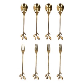 8Pcs Branch Design Coffee Spoon Stainless Steel Fruit Fork Dessert Jam Ice Cream Tea ScoopGold