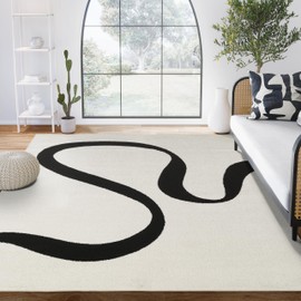 Abani Abstract Beige/Black Area Rug - 6'x9' - Modern Curved Line Design - Deco Collection - Easy to Clean - Durable for High Traffic Areas - Bedroom, Office & Kitchen - Medium Pile