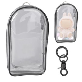 Tinoaly Display Bag for Dolls, 7.68x4.13 Inch Waterproof PVC Carrying Case with Pompoms & Keychain Clear Figure Display Bag for Doll (Black)