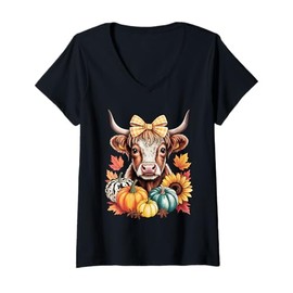 Womens Cute Highland Cow Fall Season Pumpkin Design Gift Men Women V-Neck T-Shirt