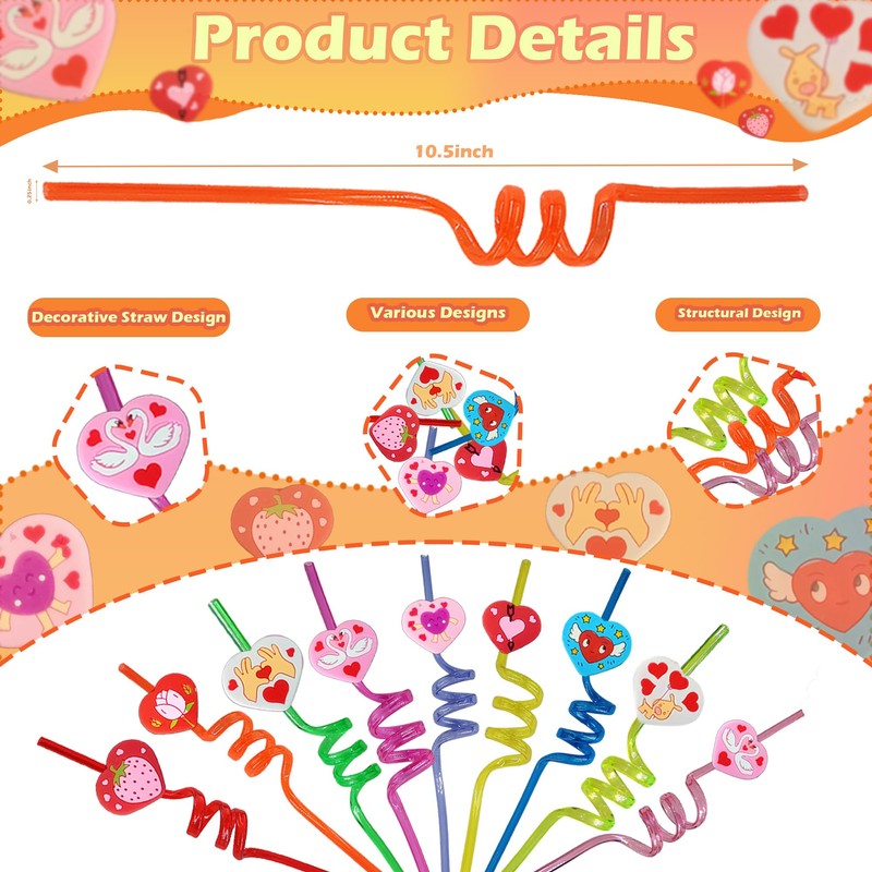 24 Packs Bulk Heart Shape Reusable Plastic Straws, Drink Straws