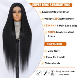 Felek Super Long Natural Black T Part Lace Wig 40 Inch Straight 13x4x1 T Lace Front Wig Heat Resistant Fiber Glueless Pre-Plucked Natural Hairline Lace Wig For Fashion Women/Girls(NAT Black)