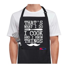 Xornis 100% Cotton Funny Apron for Men That's What I Do I Cook And I Know Things Adjustable Bib Aprons with 2 Pockets Grill Kitchen Cooking BBQ Black