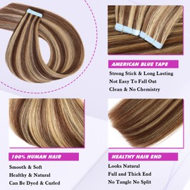 Tape in Hair Extensions Human Hair Color Chocolate Brown and Caramel Blonde Remy Hair 12 Inches 20pcs 40g/pack Straight Seamless Skin Weft Tape in Human Hair Extensions(12inch,#4p27,40g)