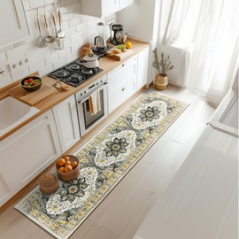 BESTSWEETIE 2x8 Area Rug Washable Rugs for Living Room, No Pile Boho Carpet for Entryway Bedroom Dinning Room, Vintage Carpet Print Distressed Non-Slip, 2 x 8 ft, Grey Brown