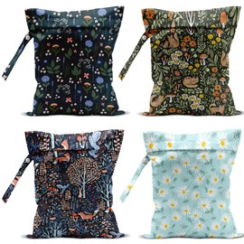 4 Pack Cute Wet Bag Waterproof Washable Reusable Wet Dry Bag for Swimsuit Dirty Clothes Diaper Travel Beach Pool Yoga Gym Christmas PartyToiletries Beach Essentials, Forest Fox Cat Daisy Wildflower