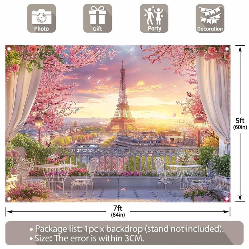 Luminora Fabric 7x5ft Paris Eiffel Tower Backdrop Cityscape Terrace Pink