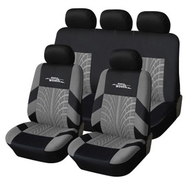 AUTOYOUTH Grey Car Seat Covers Full Set, 3D Tyre Embossed Front Bucket & Split Rear Bench Covers, Airbag Compatible, Quick Setup Universal Fit for Car, SUV, Seat Protectors (9pcs)