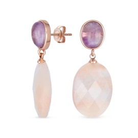 Elegant Gemstone Purple Amethyst Oval Accent Natural Briolette Peach Pink Rose Quartz Faceted Oval Drop Earrings For Women Rose Gold Plated