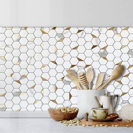 DICOFUN 10-Sheet Hexagon Tile Peel and Stick Backsplash, White Marble Look PVC Mixed Golden Metal Mosaic Tiles for Kitchen and Bathroom