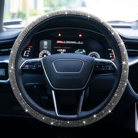 Limsas Bling Rhinestone Steering Wheel Cover with Crystal Diamond for Women, Sparkling Car Wheel Protector Universal Fit 14-15 inches - White